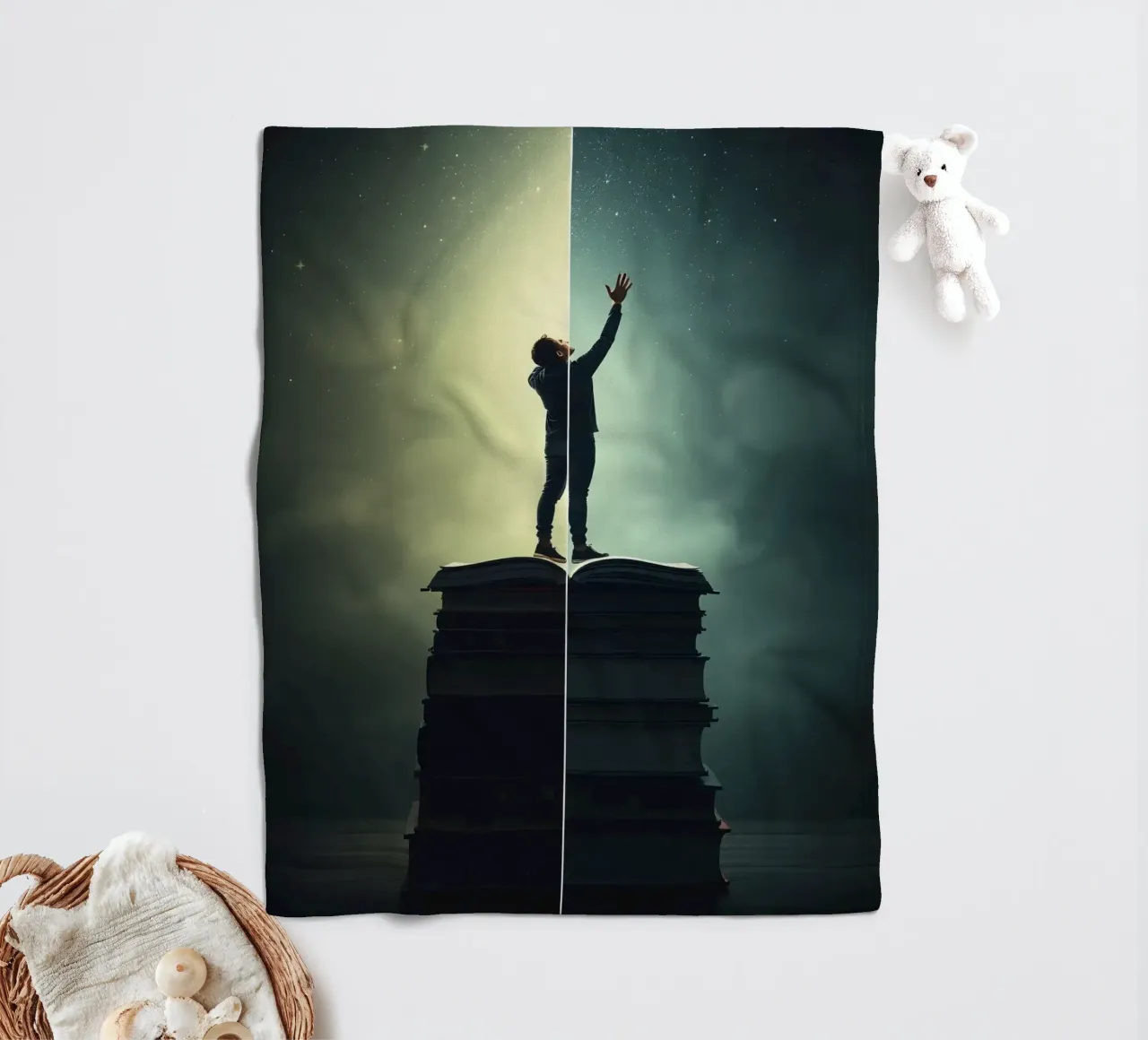 man reaches for stars while standing on a stack of books fleece blanket by DesignDoodle