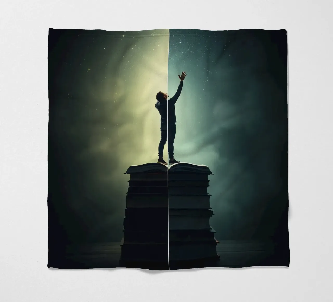 man reaches for stars while standing on a stack of books fleece blanket by DesignDoodle