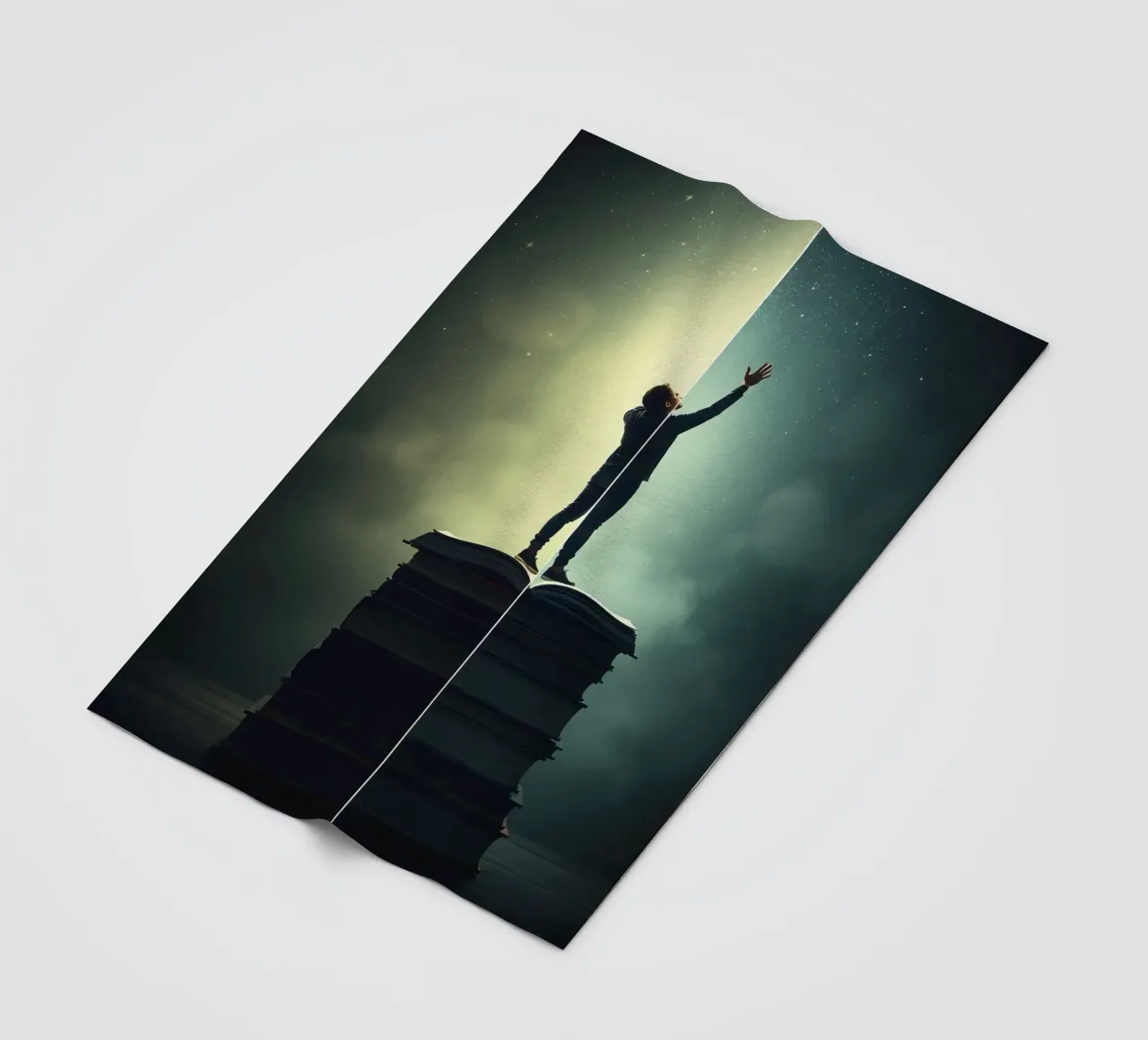 man reaches for stars while standing on a stack of books fleece blanket by DesignDoodle