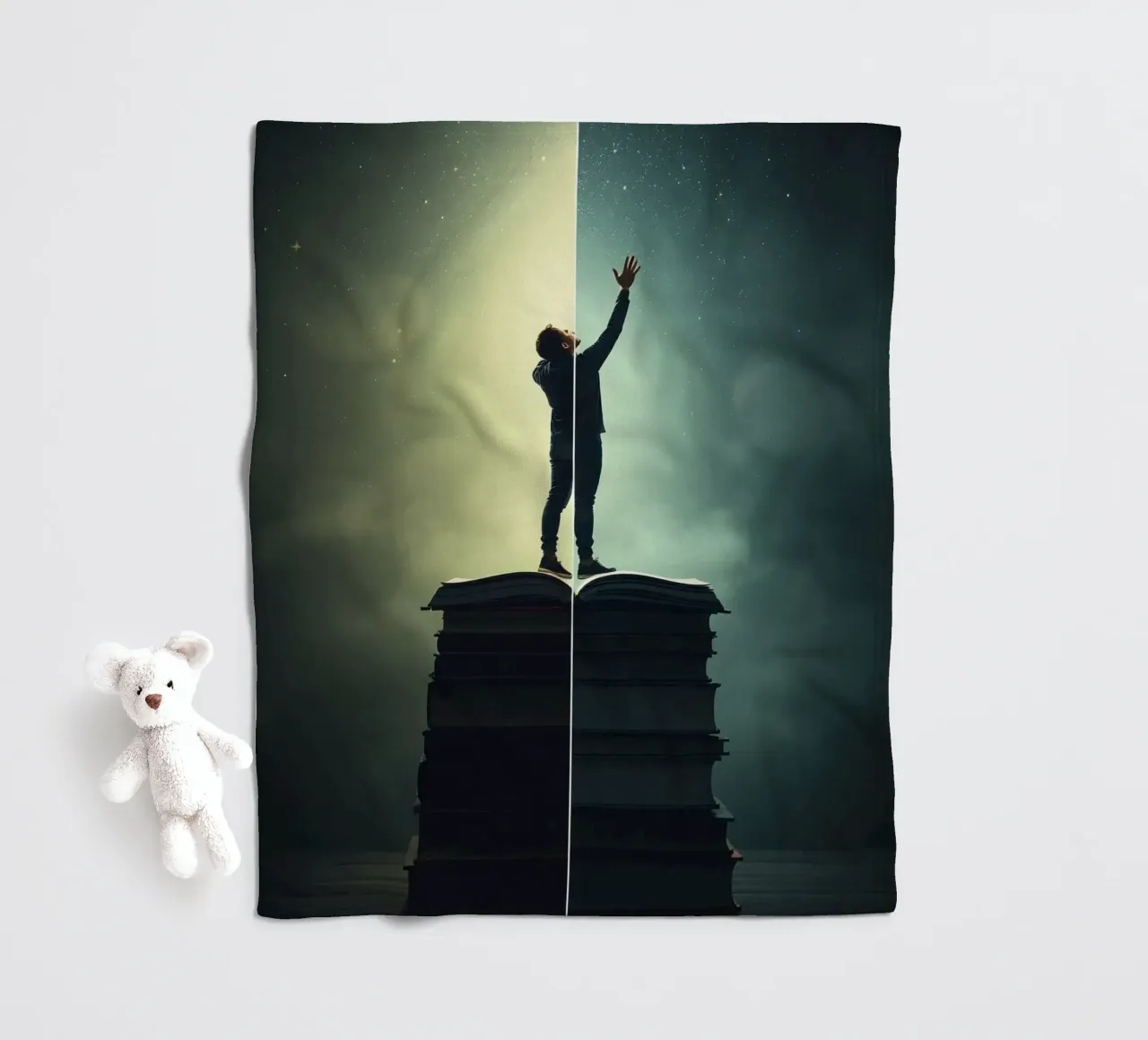 man reaches for stars while standing on a stack of books fleece blanket by DesignDoodle