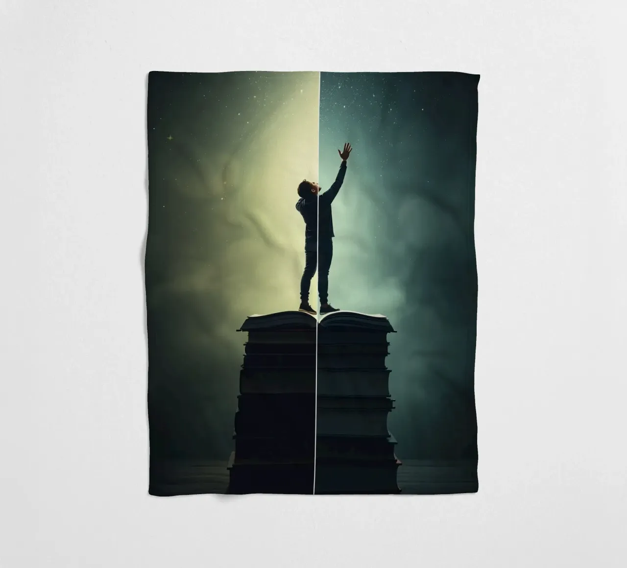 man reaches for stars while standing on a stack of books fleece blanket by DesignDoodle