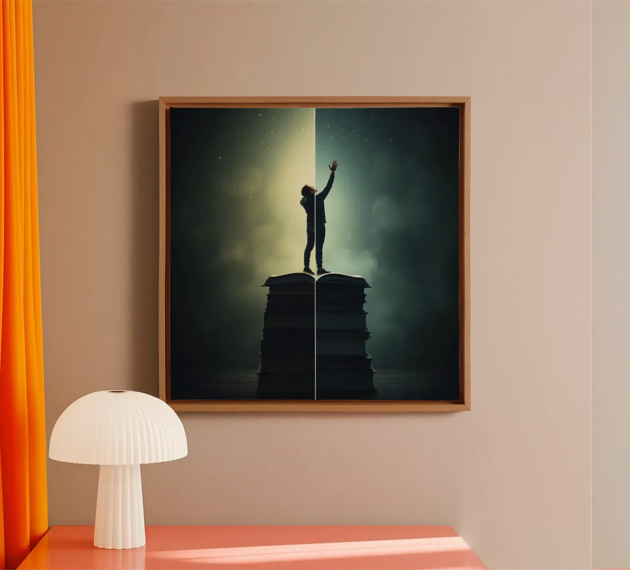 man reaches for stars while standing on a stack of books canvas by DesignDoodle