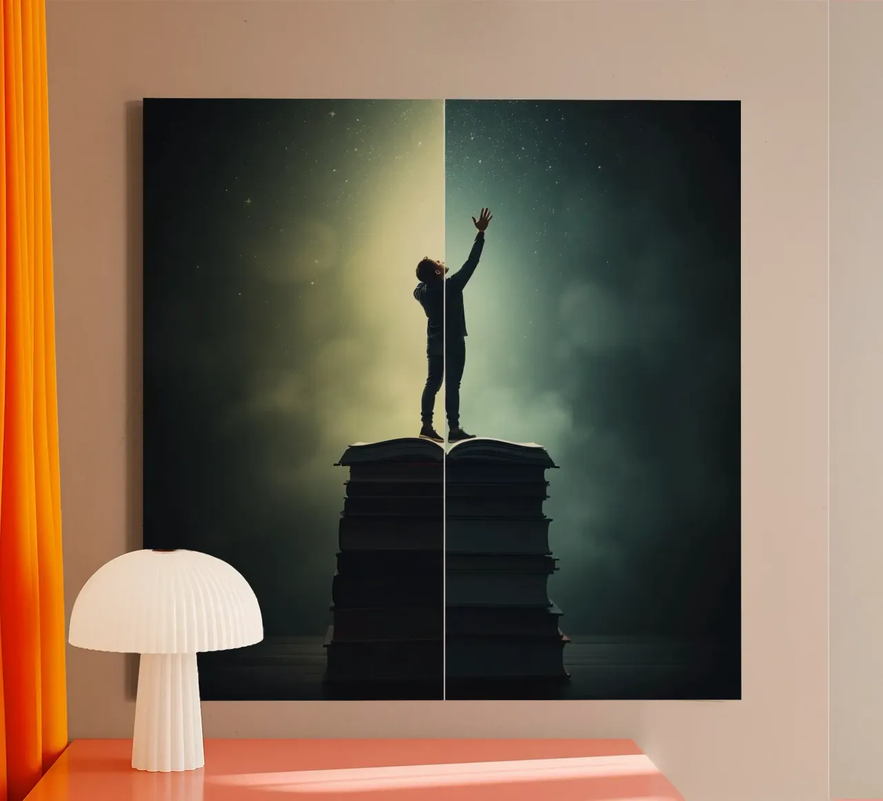 man reaches for stars while standing on a stack of books canvas by DesignDoodle