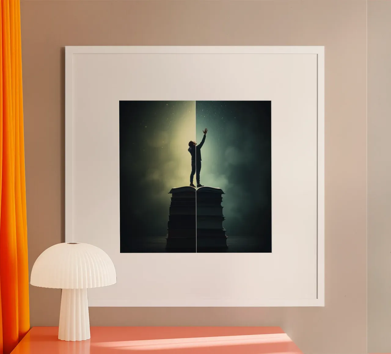 man reaches for stars while standing on a stack of books hahnemühle by DesignDoodle