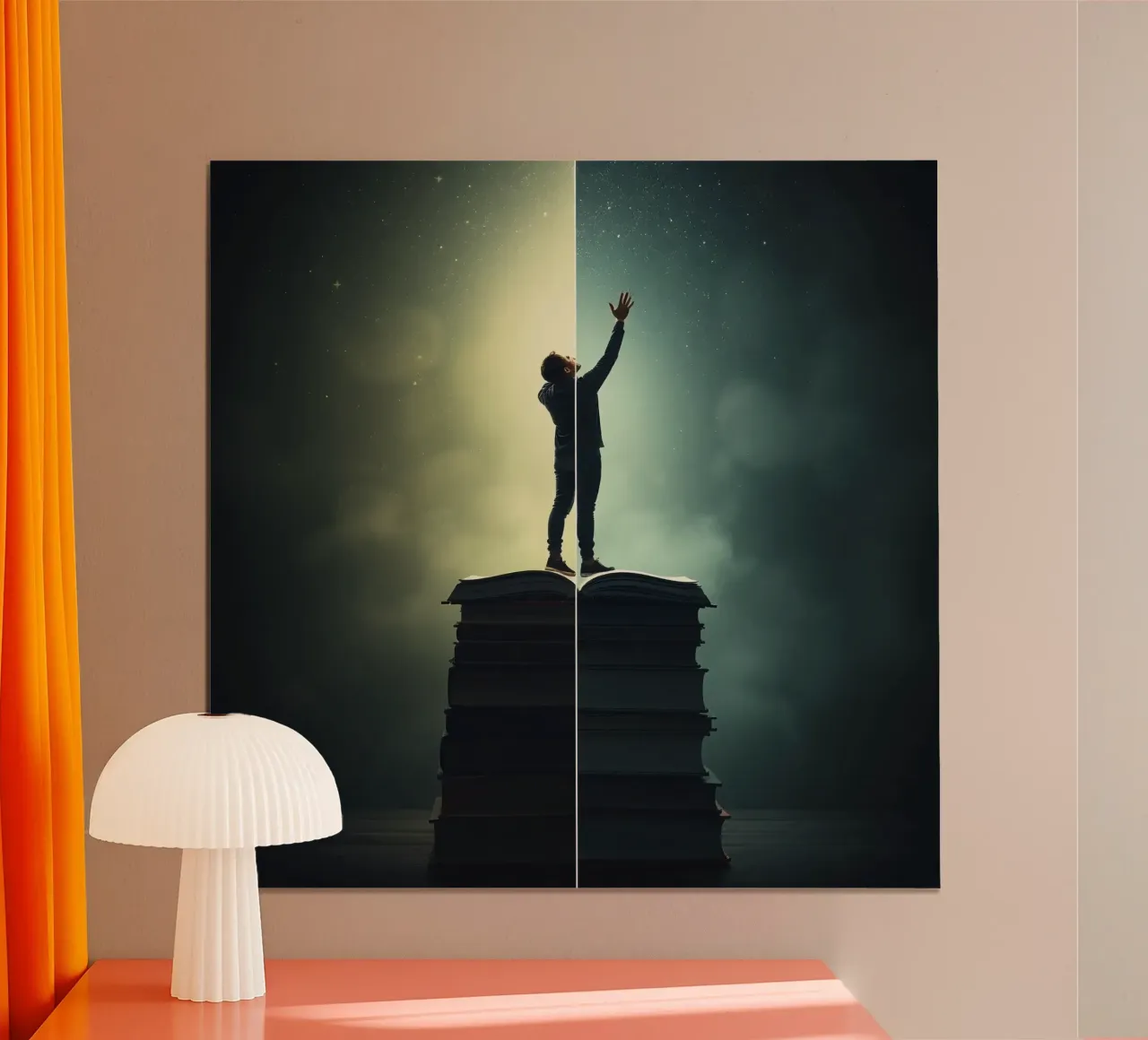 man reaches for stars while standing on a stack of books hahnemühle by DesignDoodle
