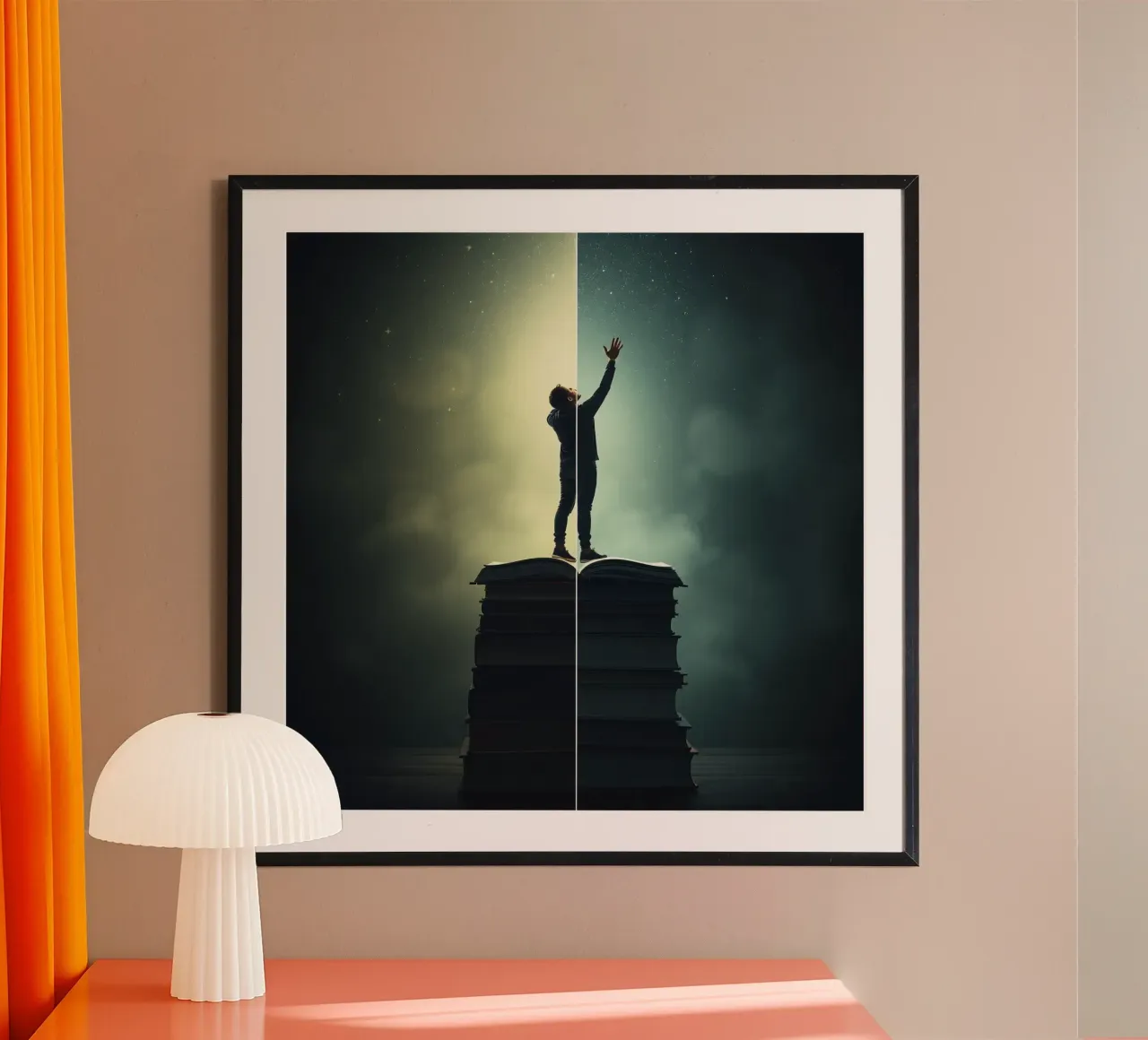 man reaches for stars while standing on a stack of books hahnemühle by DesignDoodle