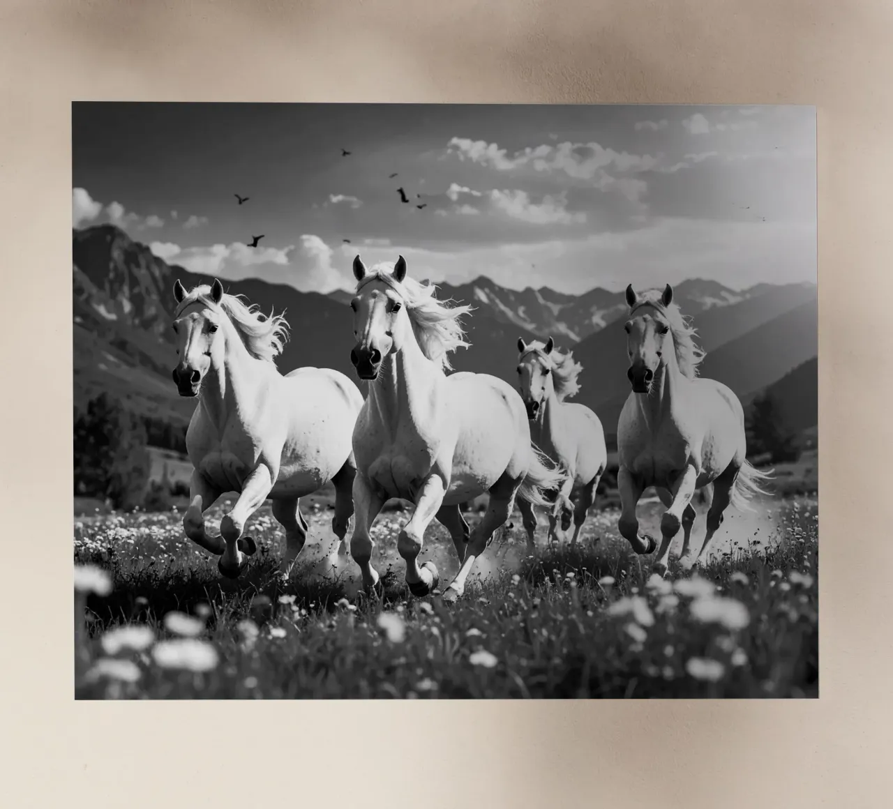 QUATRE CHEVAUX QUI GALOPENT. Noir et blanc pellicola backlit da Thierry vobmann photography