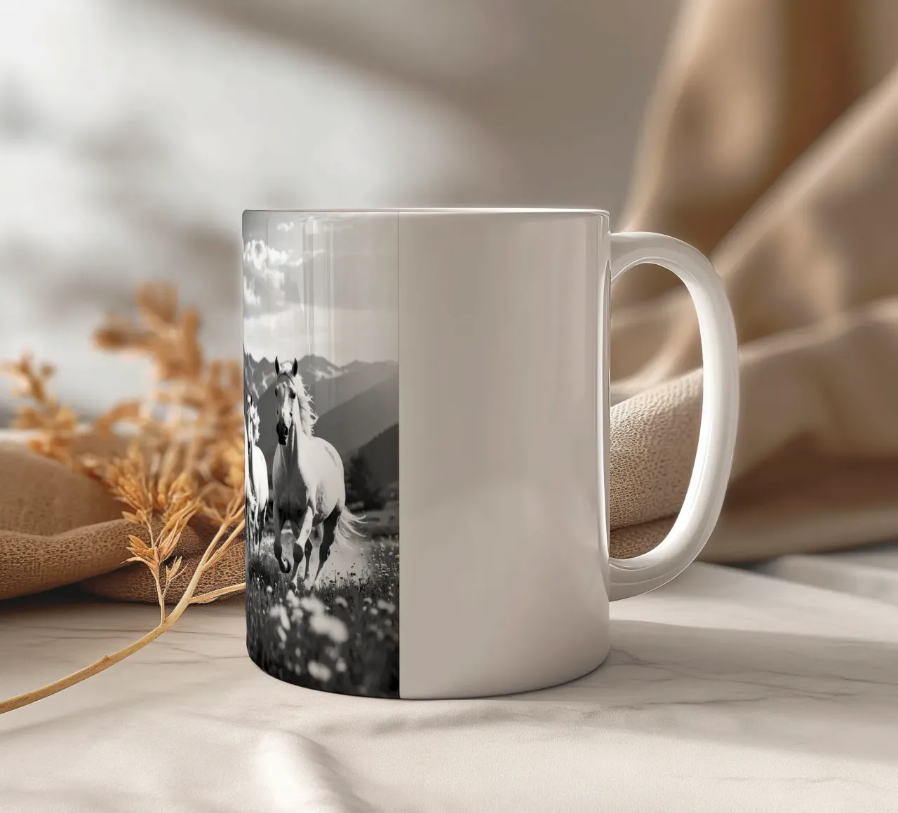QUATRE CHEVAUX QUI GALOPENT. Noir et blanc tazza in ceramica da Thierry vobmann photography