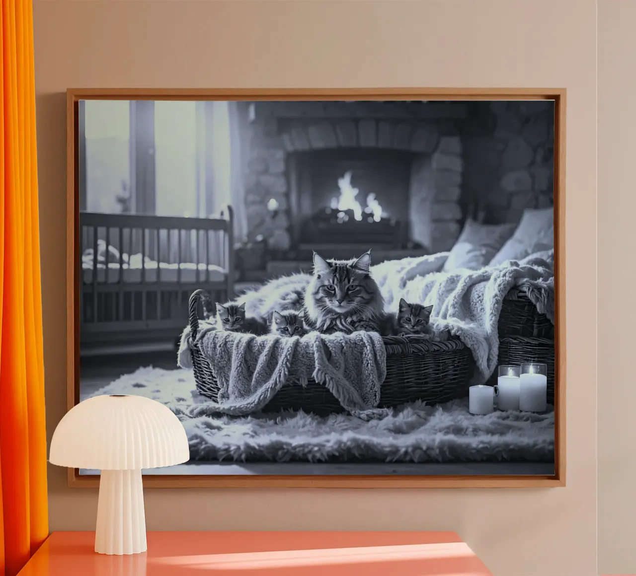 CHATTE ET TROIS CHATONS. Noir et blanc canvas met Baklijst van Thierry vobmann photography