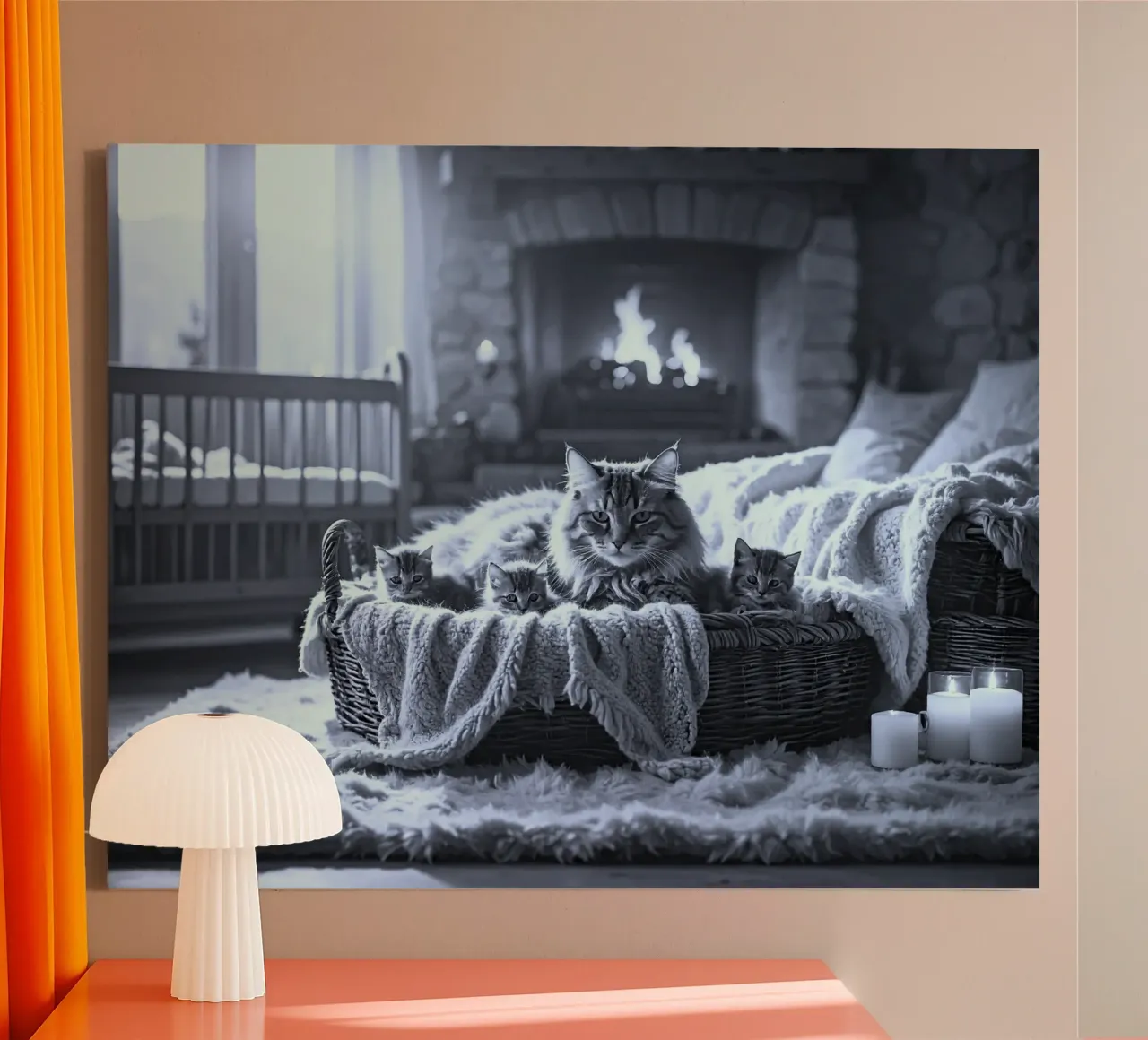 CHATTE ET TROIS CHATONS. Noir et blanc canvas met Baklijst van Thierry vobmann photography