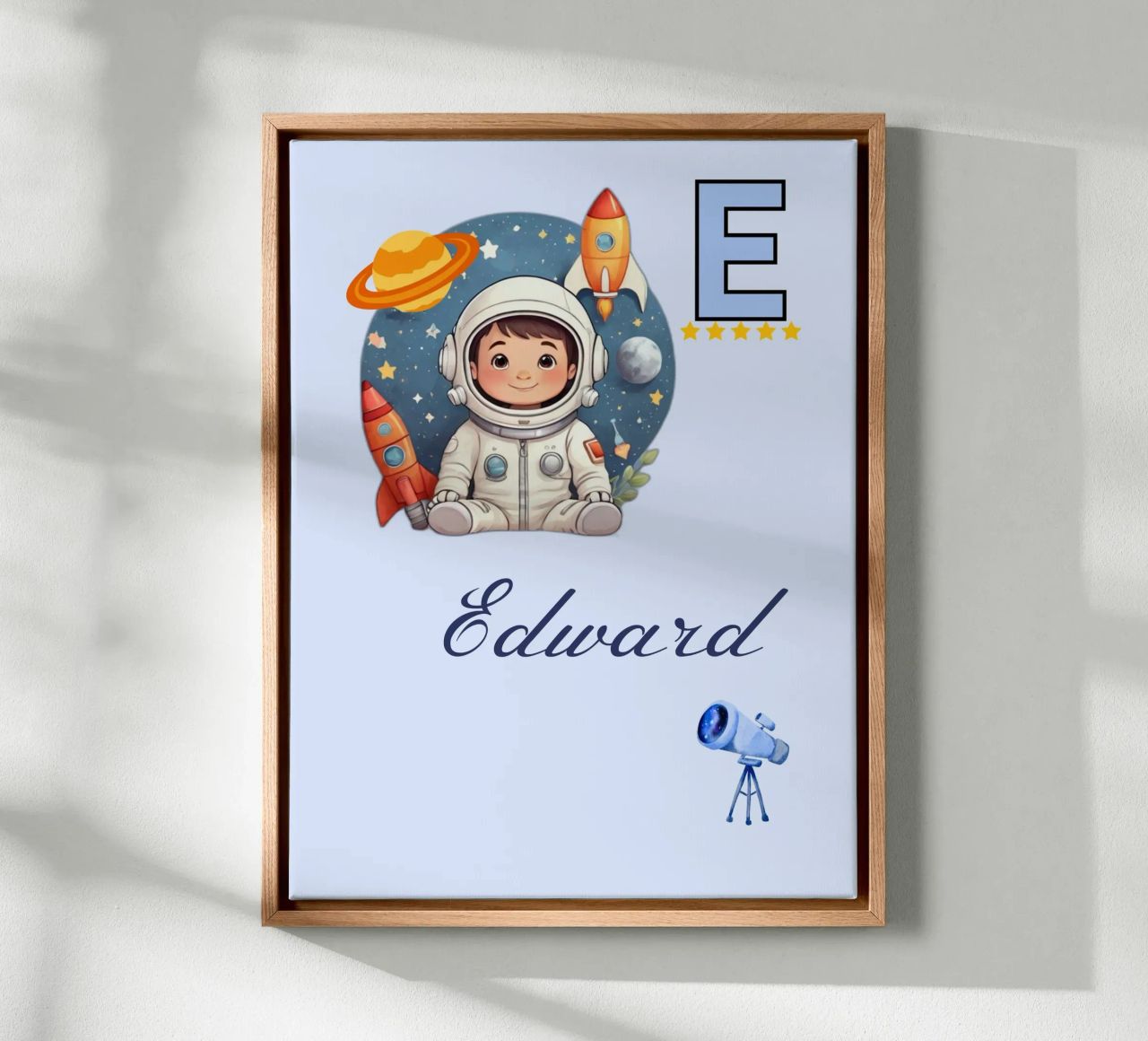 Custom Space Themed Nursery Name Letter E Astronaut for Boys canvas by Cold Wild