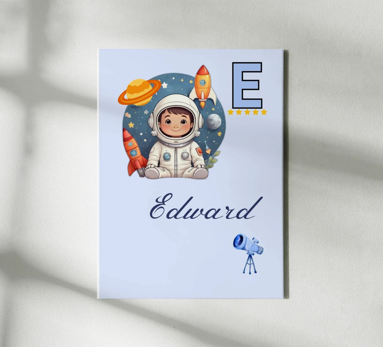 Custom Space Themed Nursery Name Letter E Astronaut for Boys canvas by Cold Wild