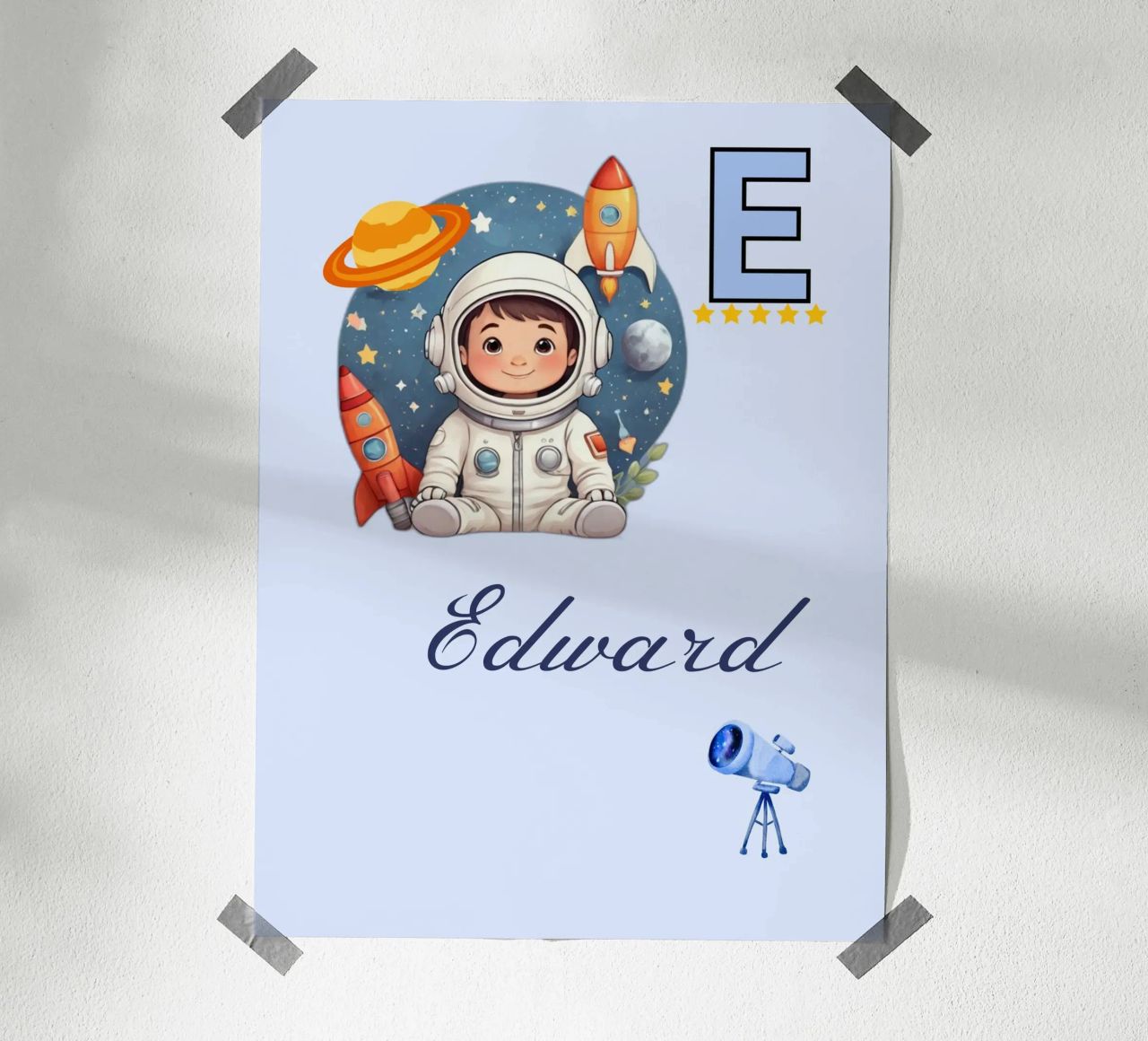 Custom Space Themed Nursery Name Letter E Astronaut for Boys poster with plastic frame by Cold Wild