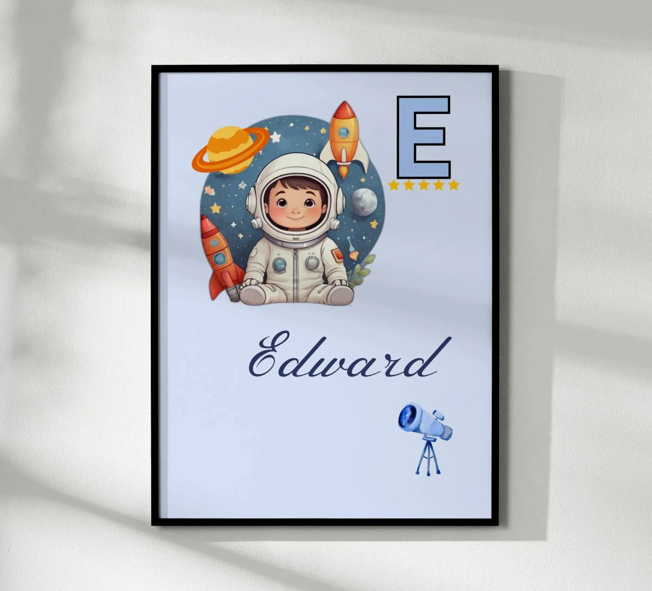 Custom Space Themed Nursery Name Letter E Astronaut for Boys poster with plastic frame by Cold Wild