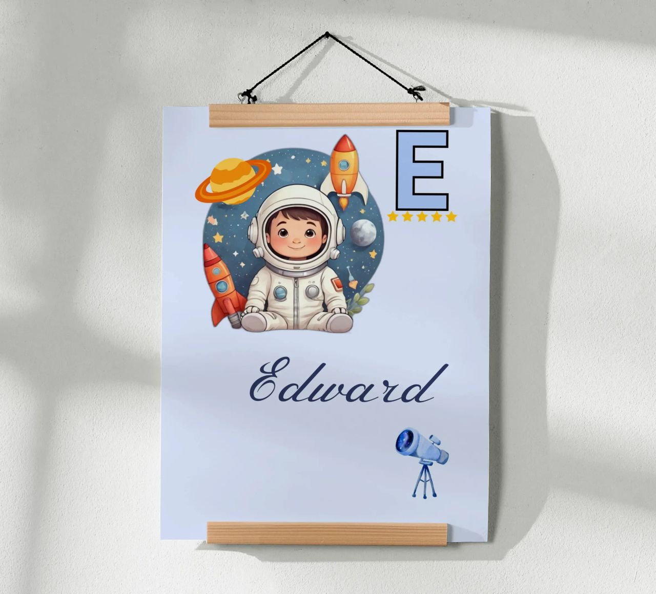 Custom Space Themed Nursery Name Letter E Astronaut for Boys poster with plastic frame by Cold Wild