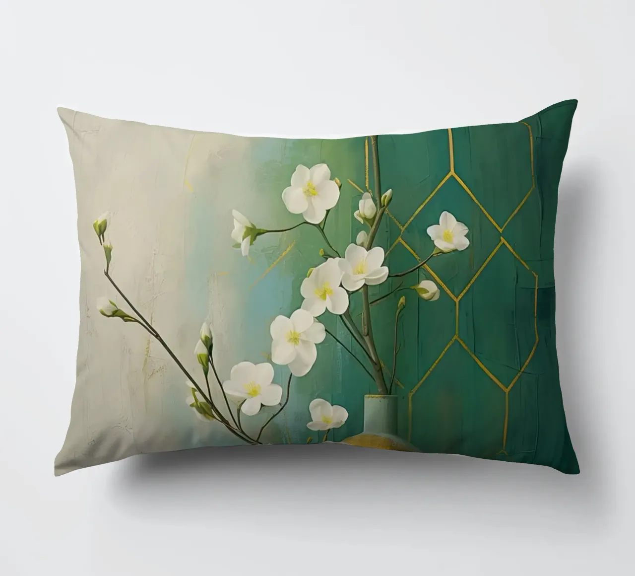Natura morta con fiori bianchi e sfondo verde cuscino da Imagine
