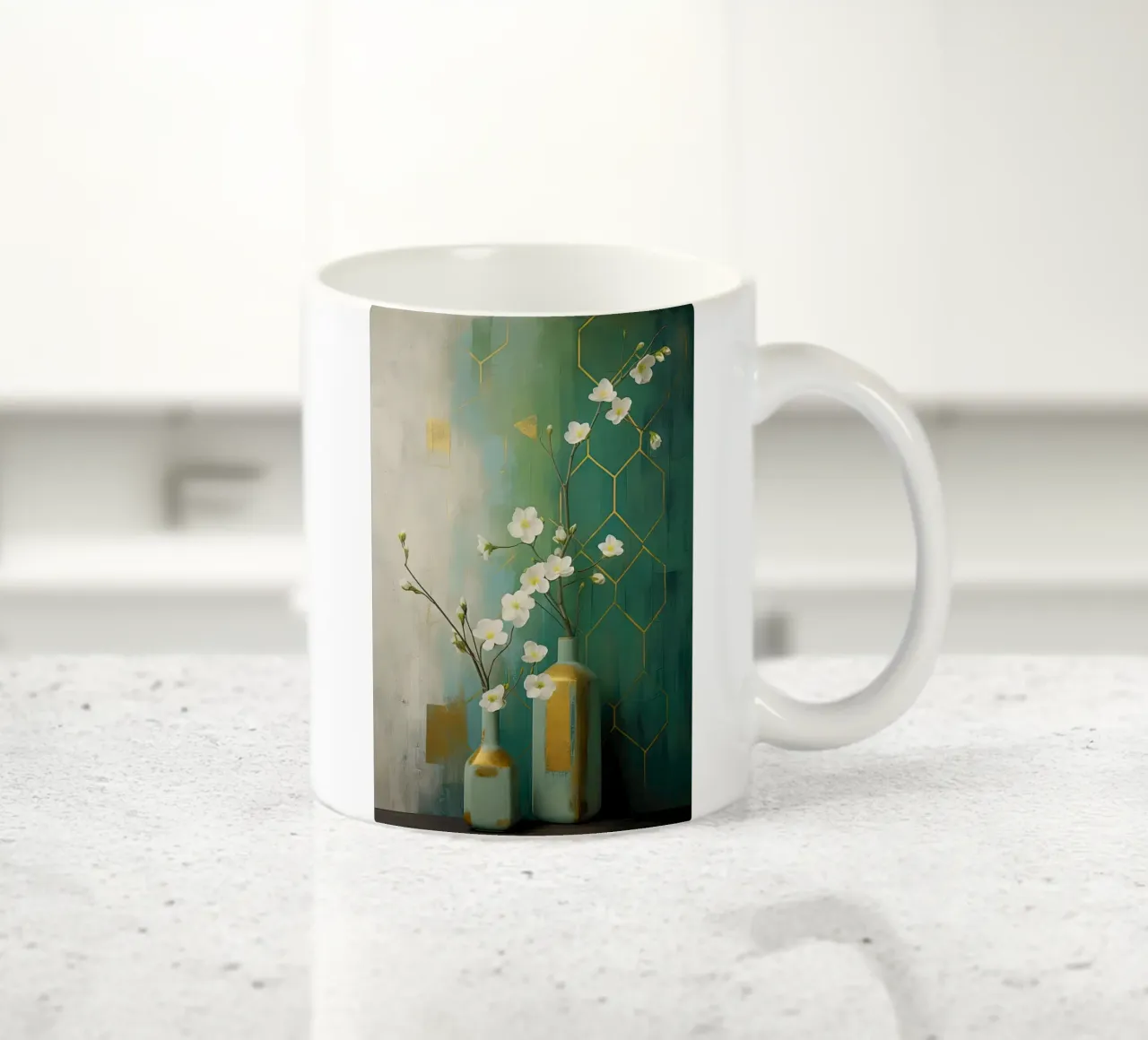 Natura morta con fiori bianchi e sfondo verde tazza in ceramica da Imagine
