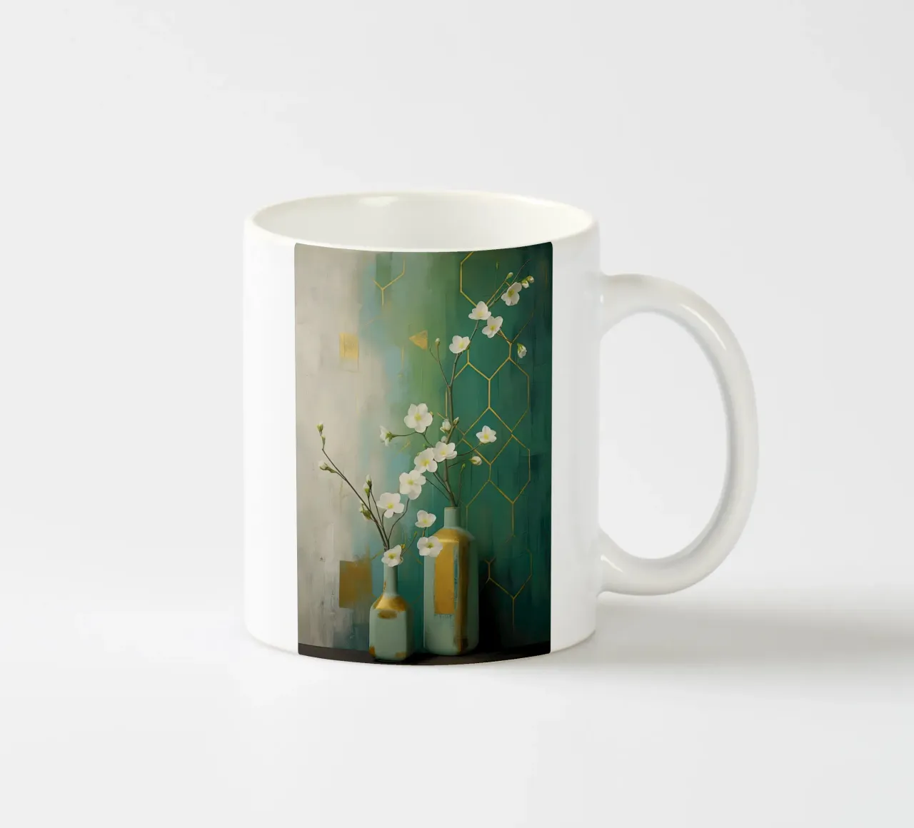 Natura morta con fiori bianchi e sfondo verde tazza in ceramica da Imagine