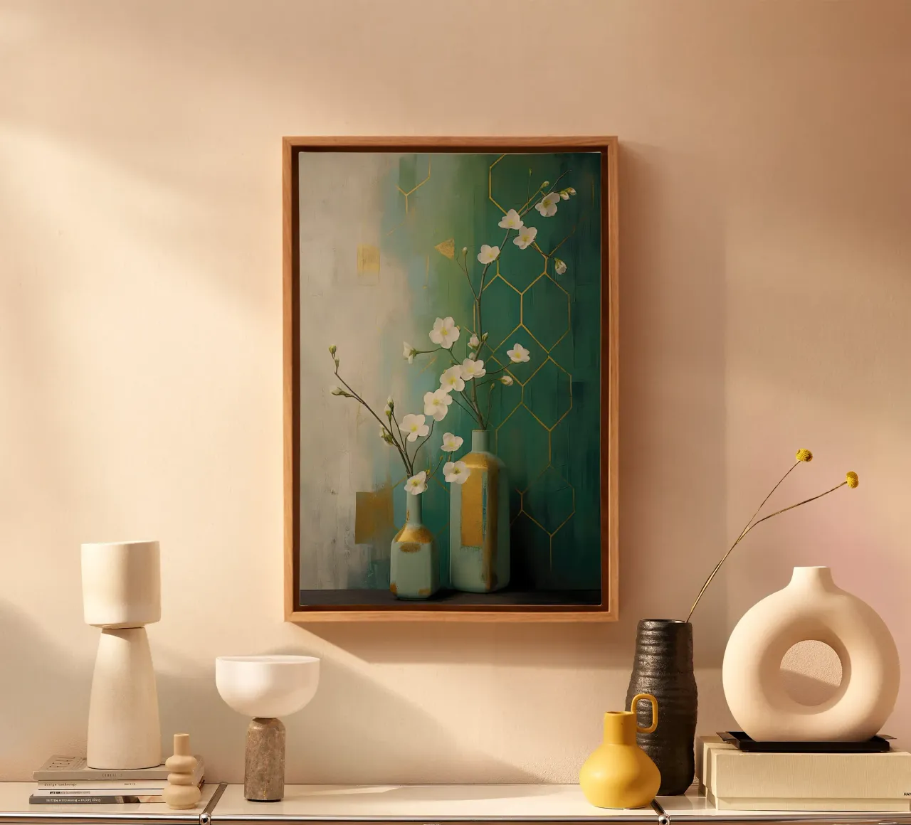 Stilleven met witte bloemen en groene achtergrond canvas met Baklijst van Imagine