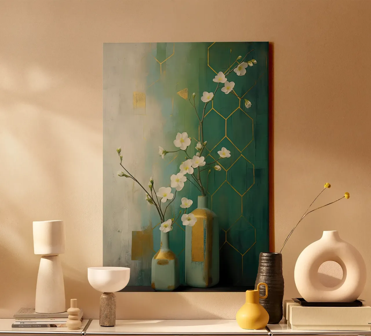 Stilleven met witte bloemen en groene achtergrond canvas met Baklijst van Imagine