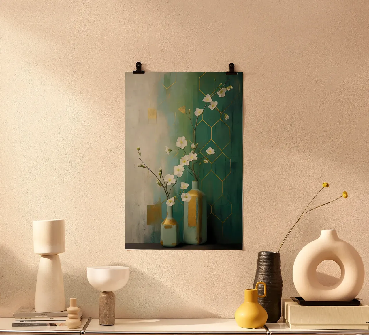 Nature morte avec fleurs blanches et fond vert poster avec cadre en bois de Imagine