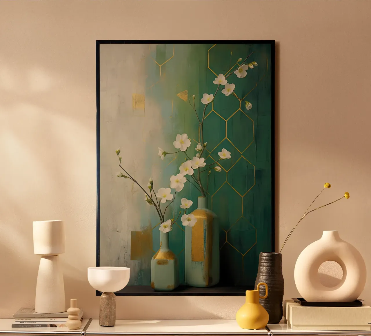Nature morte avec fleurs blanches et fond vert poster avec cadre en bois de Imagine
