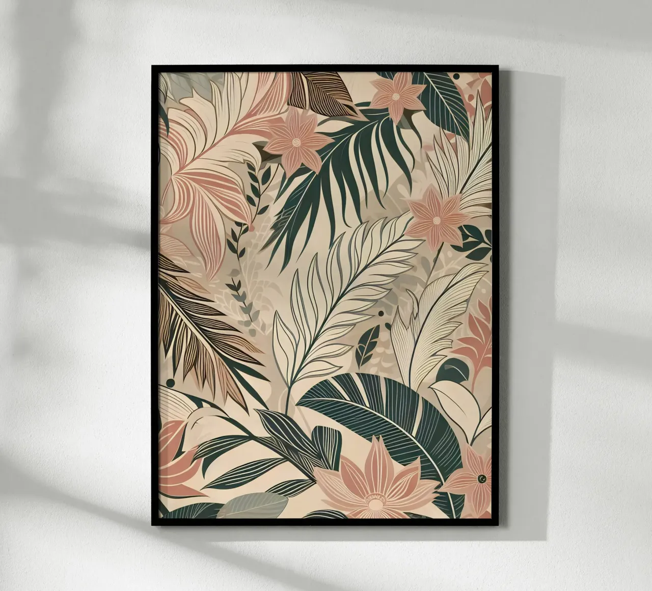 Foglie e fiori tropicali poster con telaio in alluminio da Digital Naive