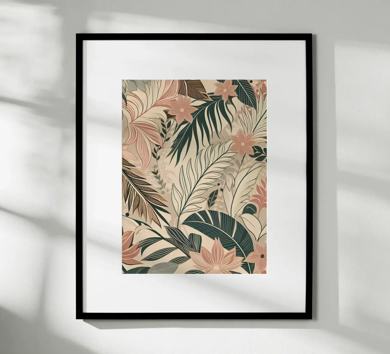 Foglie e fiori tropicali poster con telaio in alluminio da Digital Naive