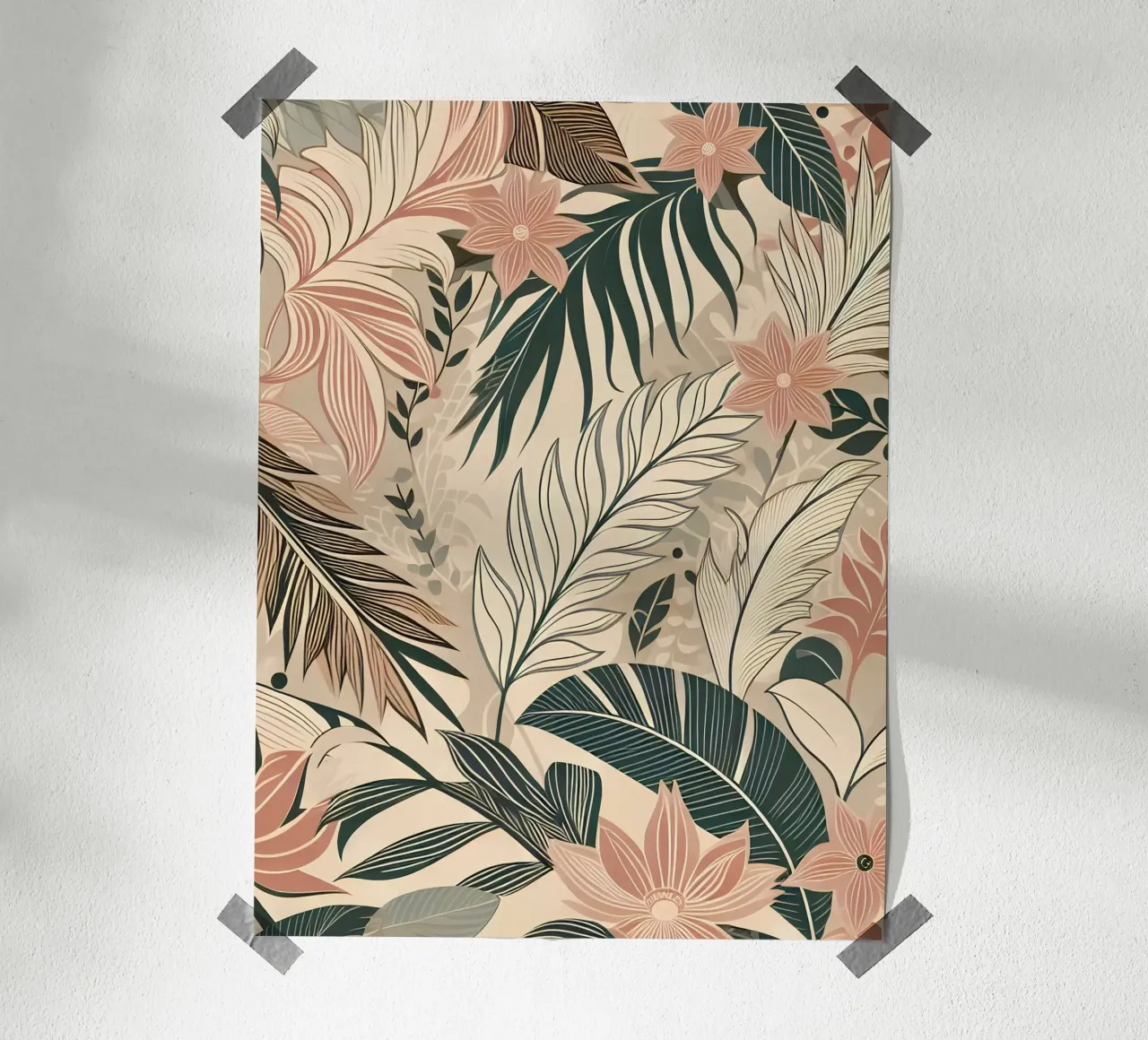 Foglie e fiori tropicali poster con telaio in alluminio da Digital Naive