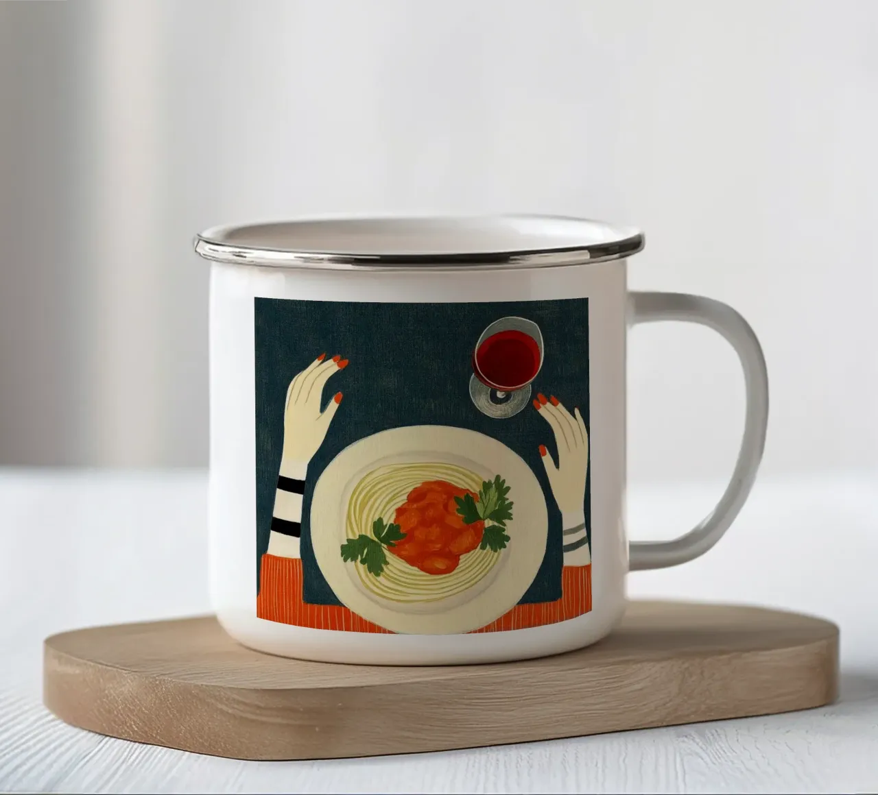 Spaghetti e vino rosso tazza in smalto da Curious Canvas