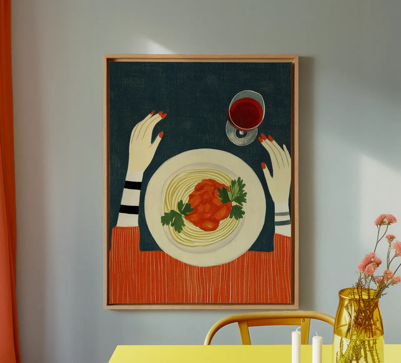 Spaghetti and red wine canvas with Floater frame by Curious Canvas