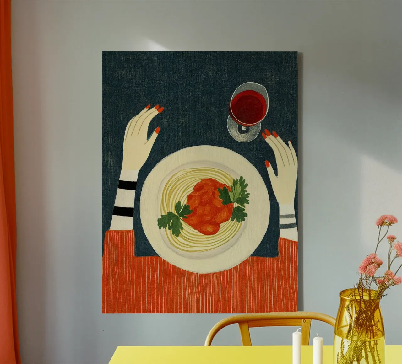 Spaghetti and red wine canvas with Floater frame by Curious Canvas
