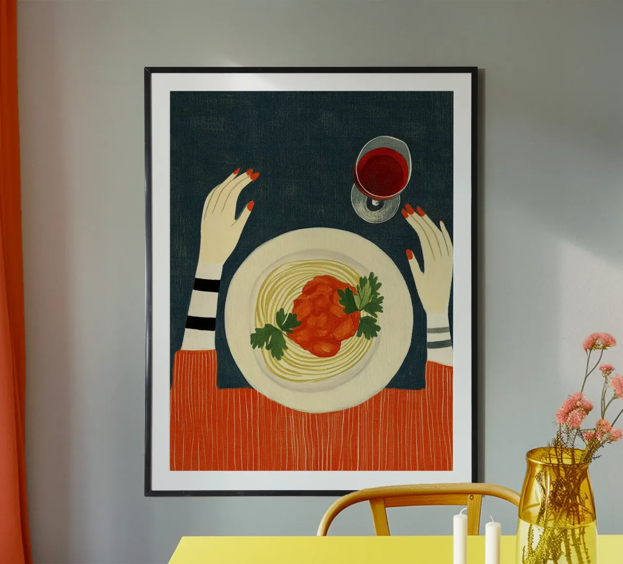 Spaghetti e vino rosso poster con telaio in legno da Curious Canvas