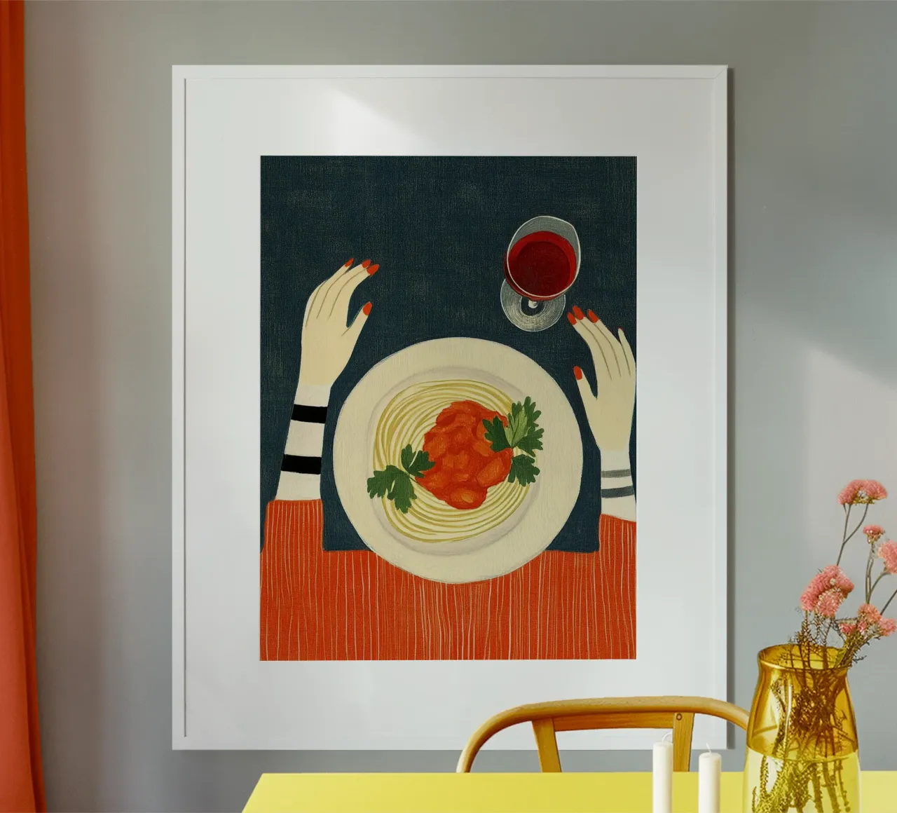 Spaghetti e vino rosso poster con telaio in legno da Curious Canvas