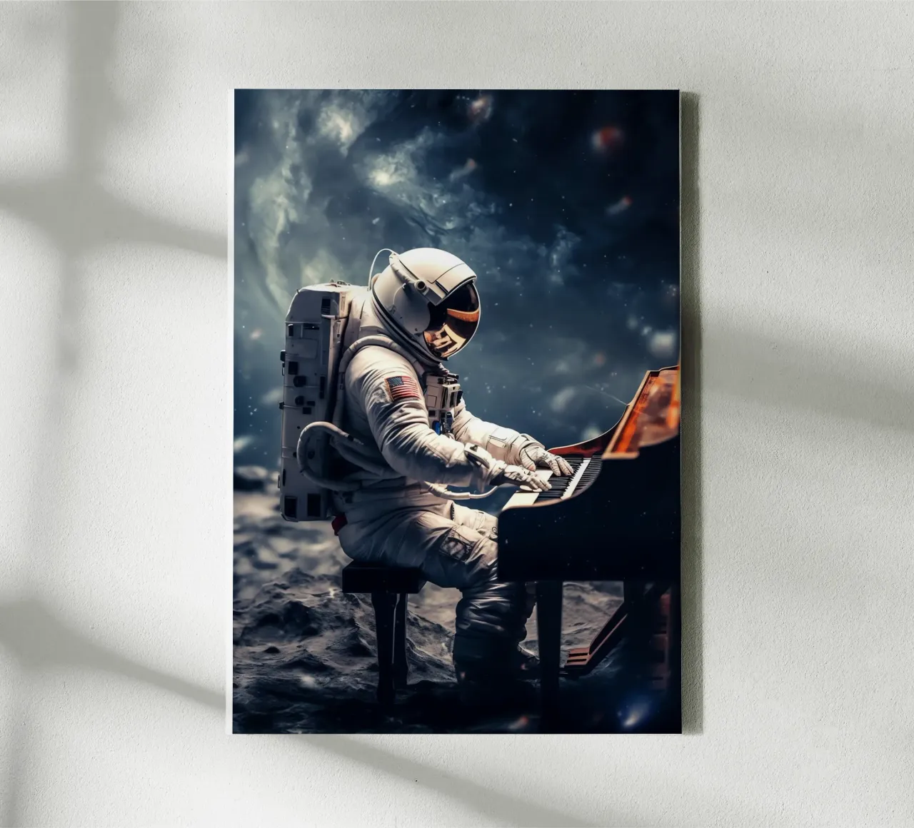Astronauta che suona il pianoforte tela con Cornice a cassetta da Fleur de Lys