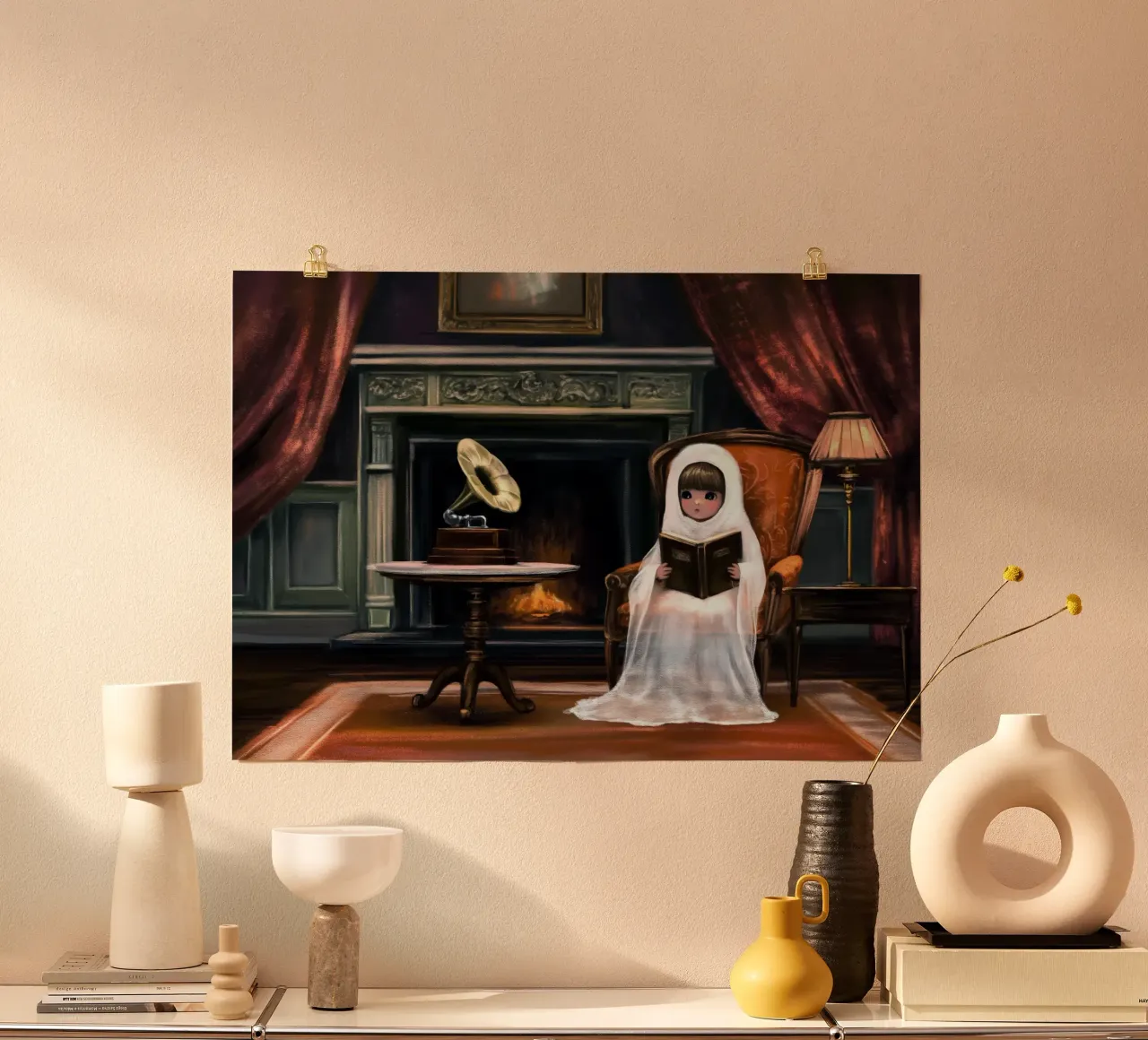 Libro di lettura dei fantasmi vittoriani poster con telaio in legno da Fleur de Lys