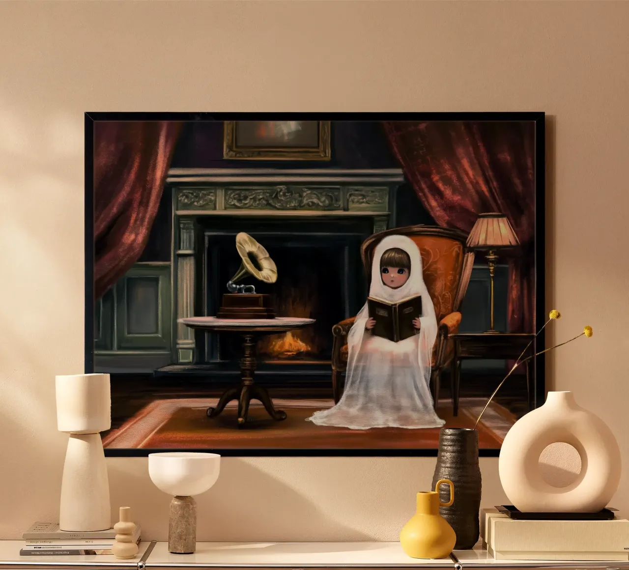 Libro di lettura dei fantasmi vittoriani poster con telaio in legno da Fleur de Lys