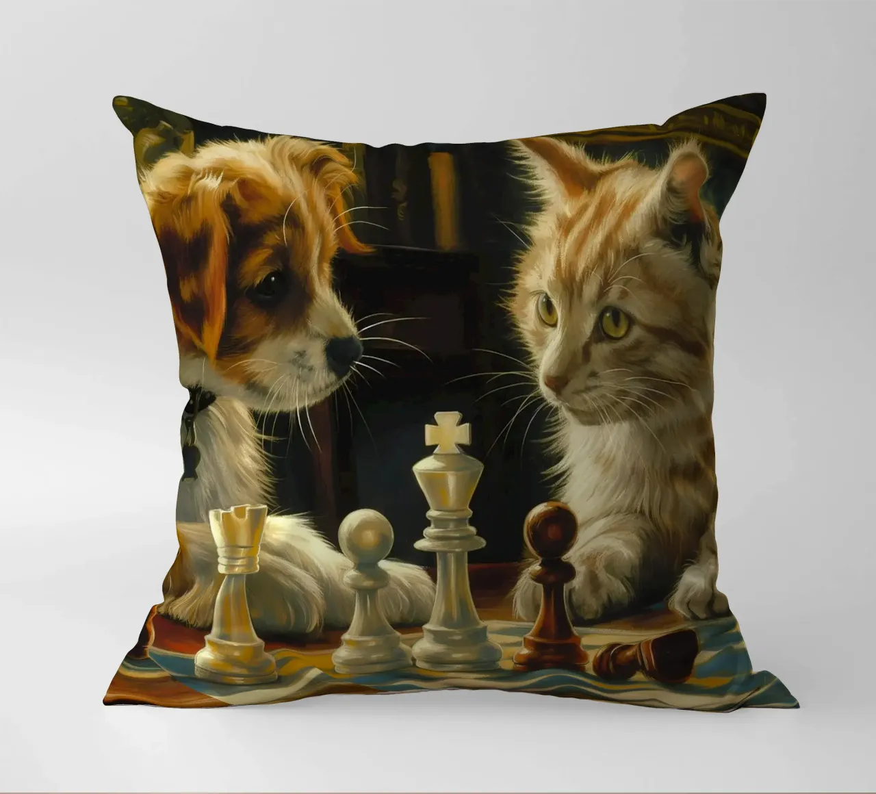 Gatto e cane giocano a scacchi cuscino da Fleur de Lys