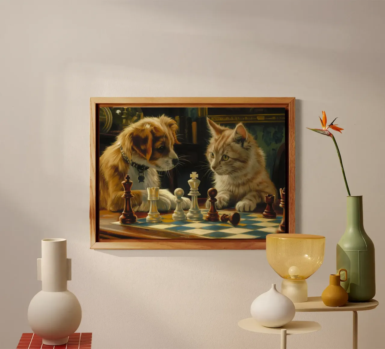 Gatto e cane giocano a scacchi alluminio dibond da Fleur de Lys