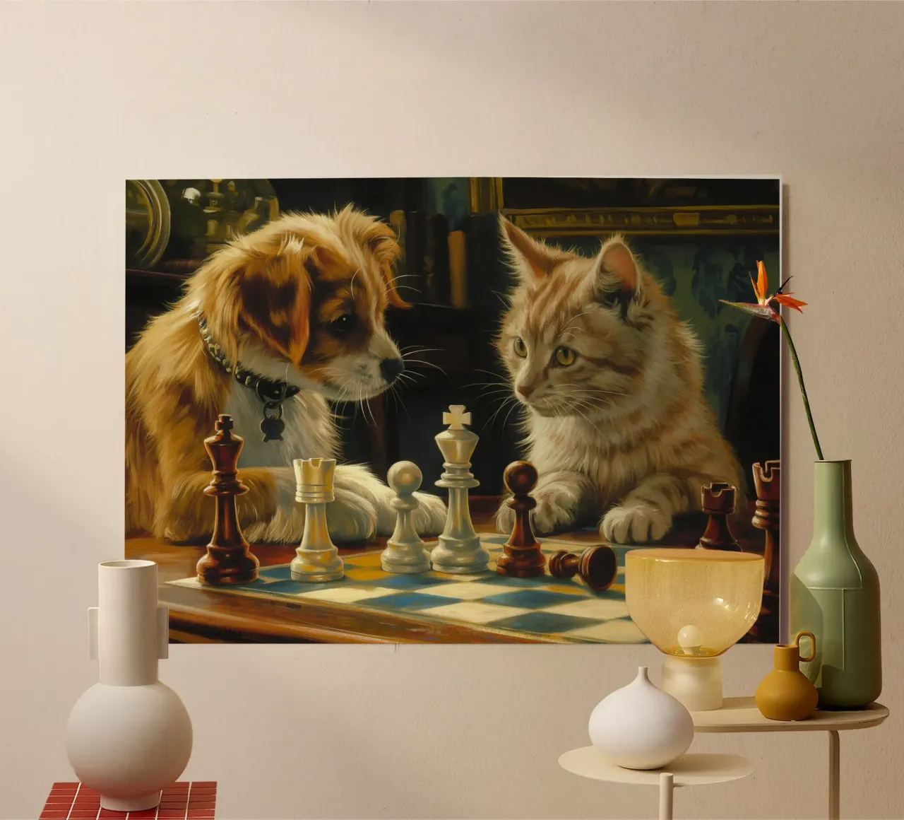 Gatto e cane giocano a scacchi alluminio dibond da Fleur de Lys