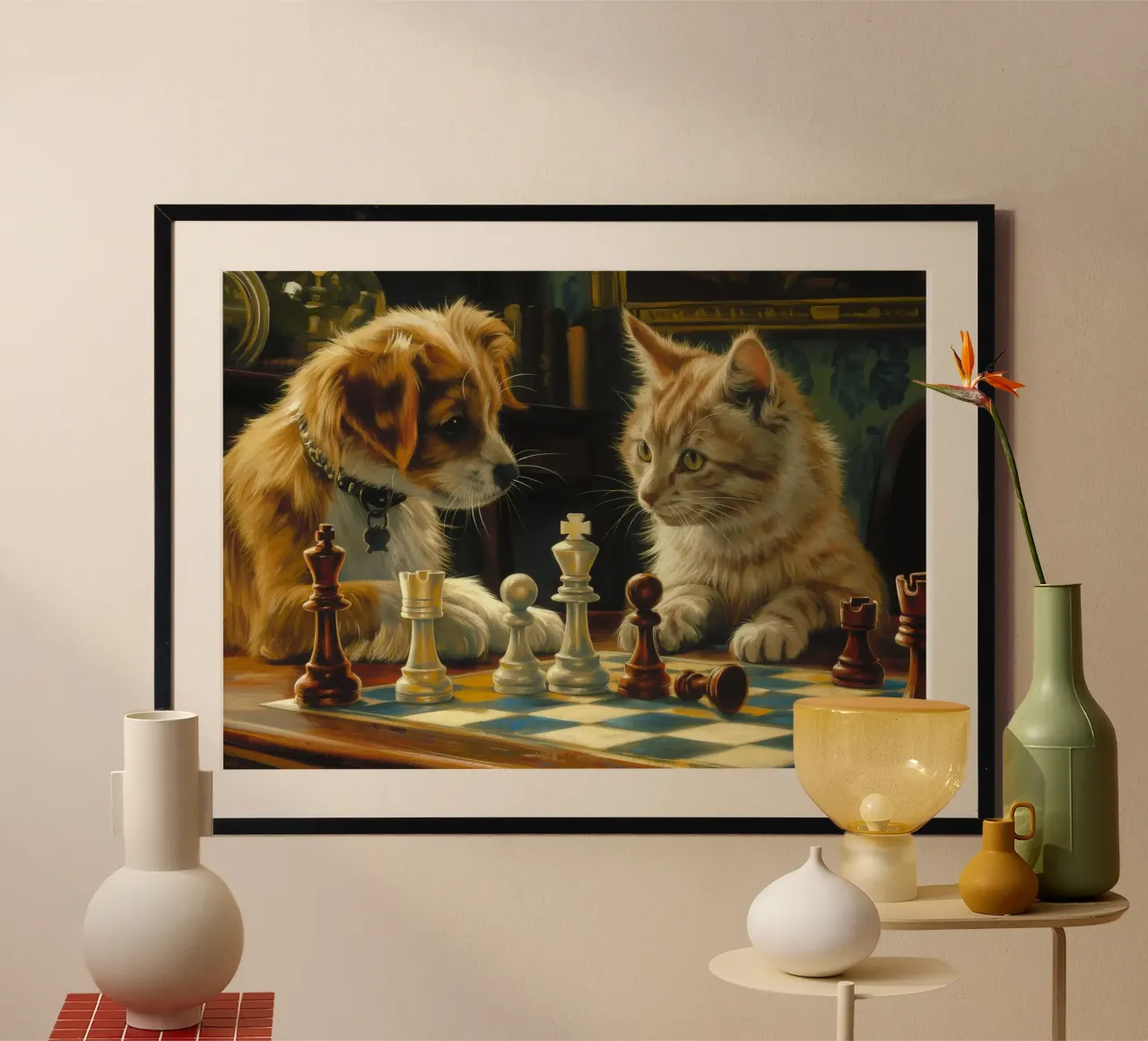 Gatto e cane giocano a scacchi carta hahnemühle da Fleur de Lys