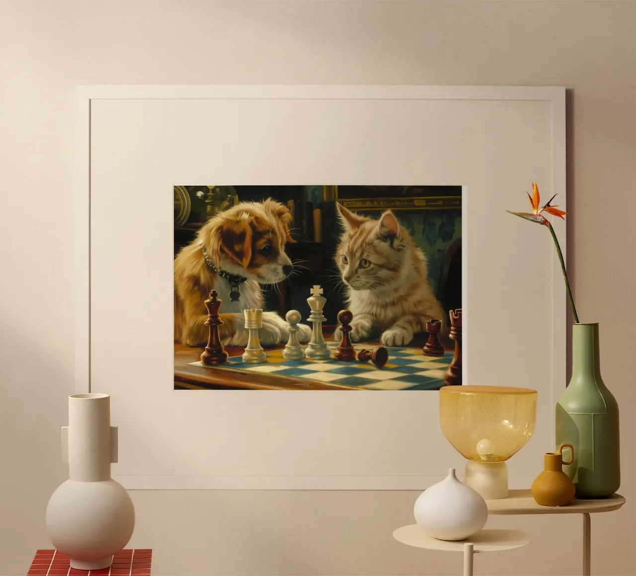 Gatto e cane giocano a scacchi carta hahnemühle da Fleur de Lys