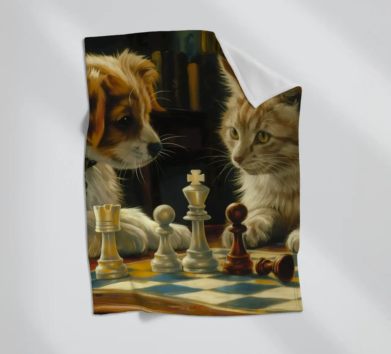 Gatto e cane giocano a scacchi coperta in pile da Fleur de Lys