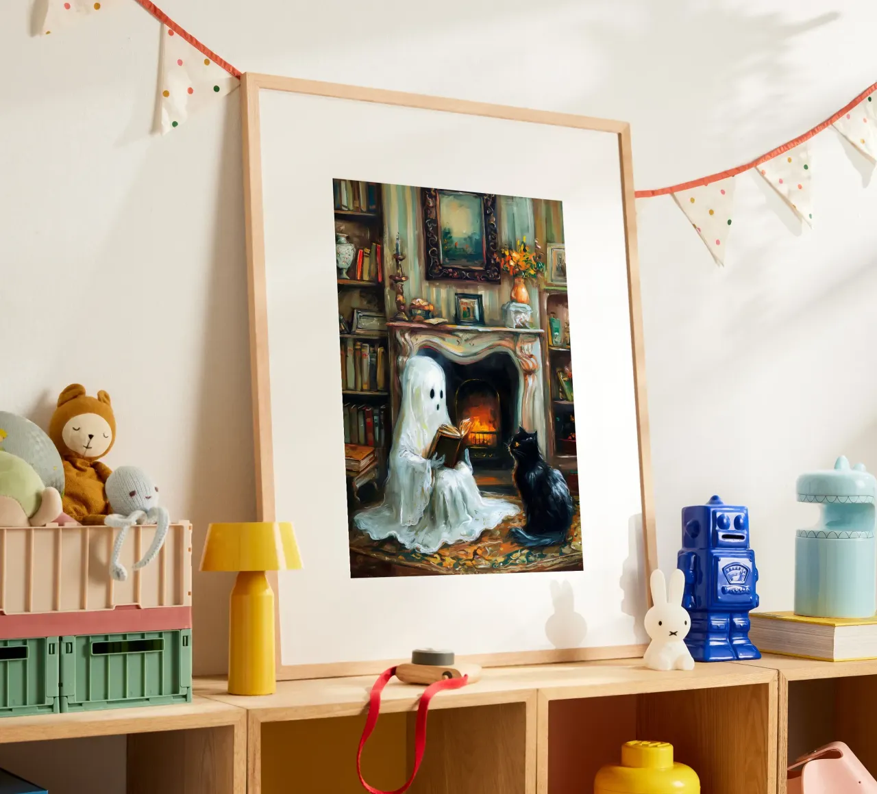 Lecture des fantômes d'Halloween poster avec cadre en bois de Fleur de Lys