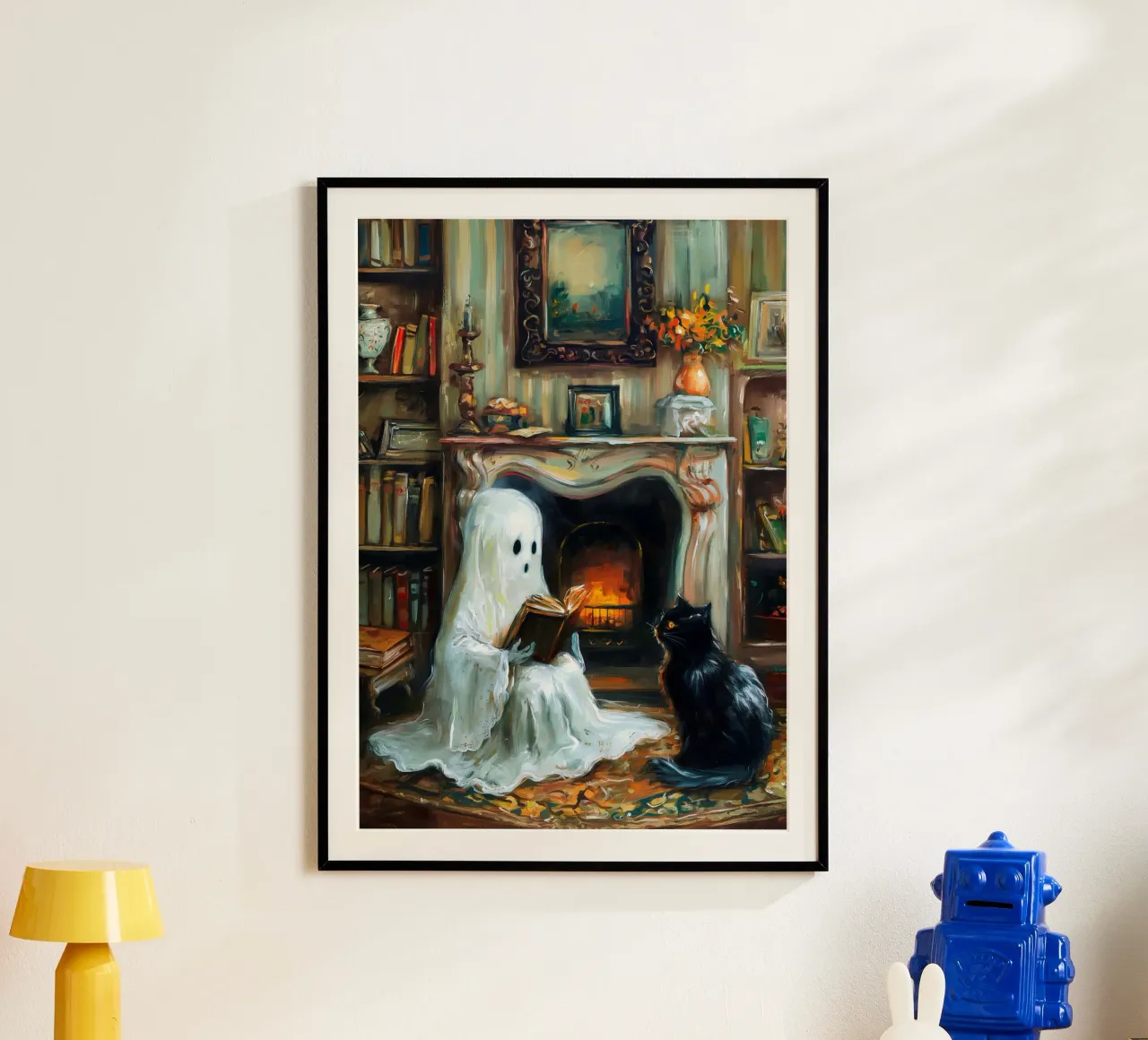 Lecture des fantômes d'Halloween poster avec cadre en bois de Fleur de Lys