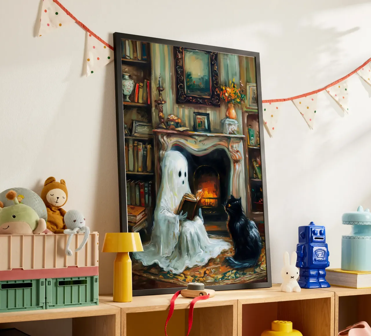 Lecture des fantômes d'Halloween poster avec cadre en bois de Fleur de Lys