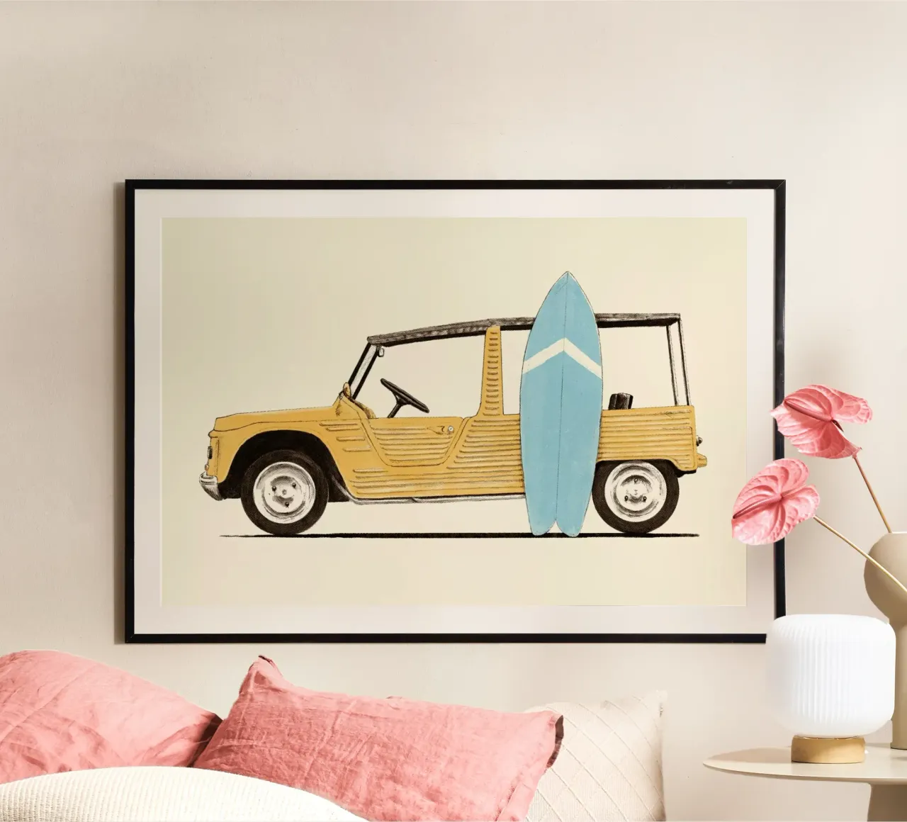 Vintage Car With Surfboard poster by Florent Bodart