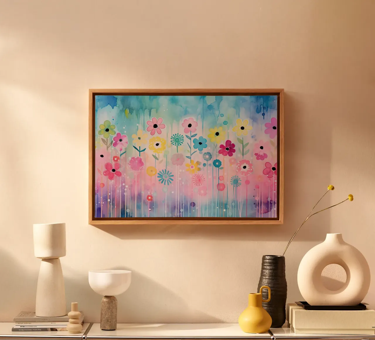 Bloemen in roze en blauw canvas met Baklijst van Imagine
