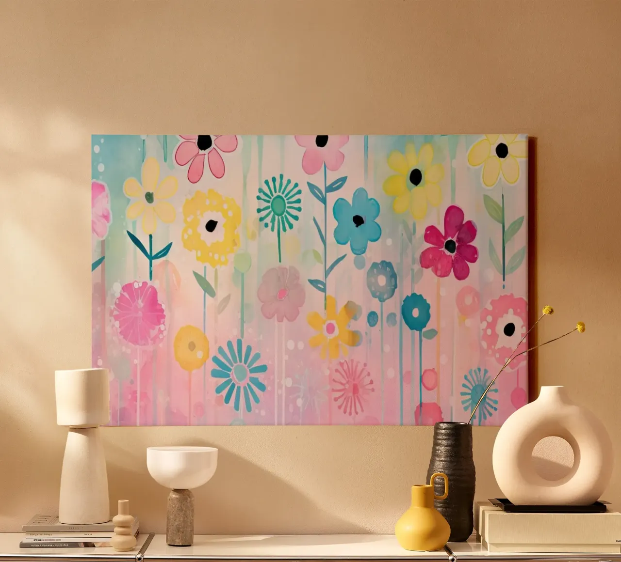 Bloemen in roze en blauw canvas met Baklijst van Imagine