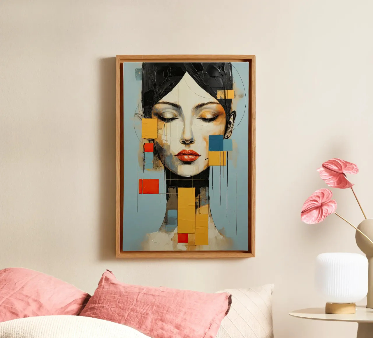 Abstract gezicht canvas met Baklijst van Imagine
